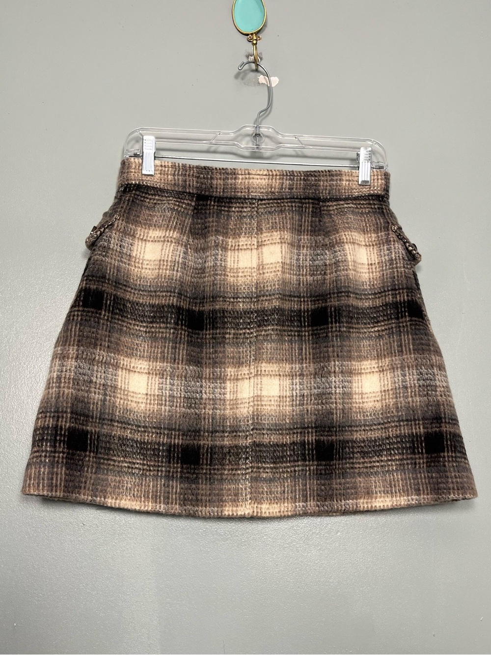 Toccin Patch Pocket Brown Plaid Mini Skirt A-Line Button Front Womens Size 4 NWT - Picture 2 of 6